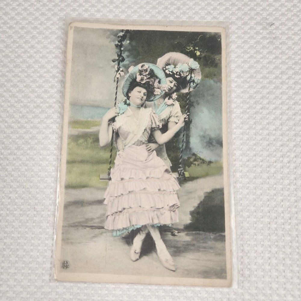 Antique Postcard Victorian Colorized 2 Women Flowered Hats On Swing 1909